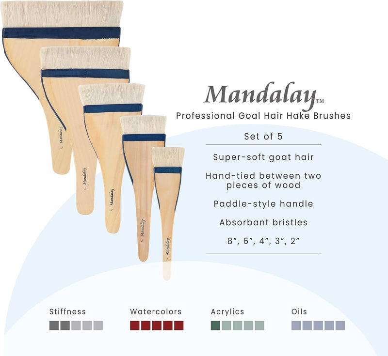 Creative Mark Mandalay Professional Goat Hair Hake Brush - Set of 5 Wide Paint Brushes with Paddle Handle for Professional Artists - Soft Natural Bristles Ideal for Sumi-e and Color Washes - Image 2